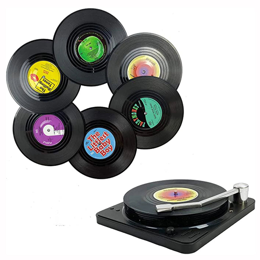 Set de Posavasos Vinilo Retro con Soporte